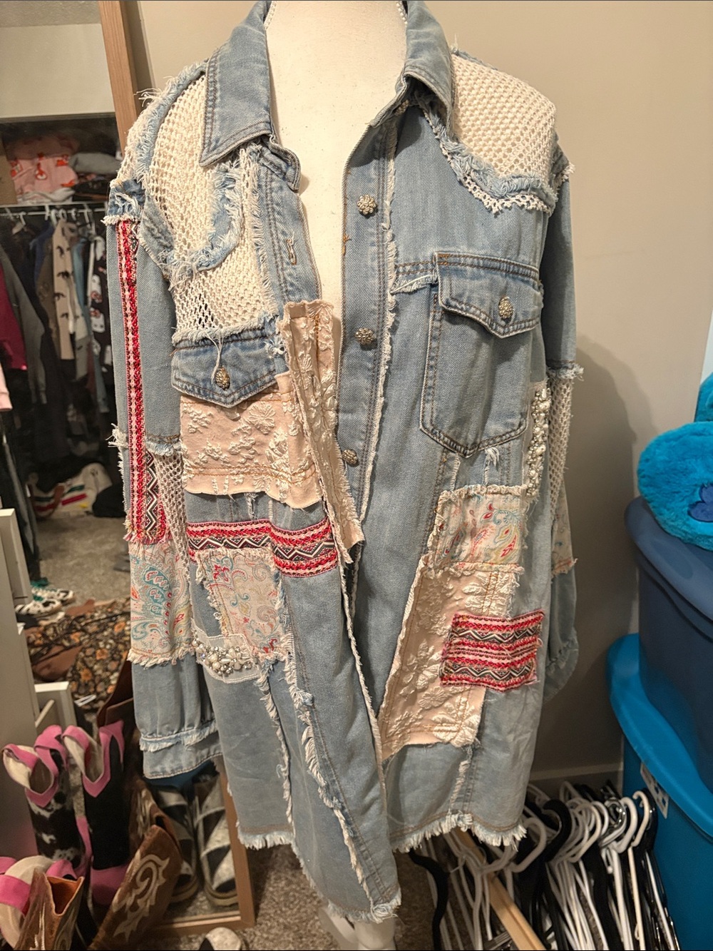 POL Light Blue Patchwork Denim Jacket with Cream & Red Accents small nwot